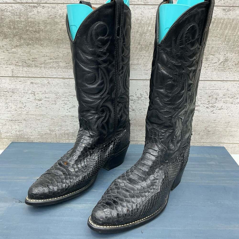 Abilene Black Leather And Snakeskin Western Cowboy Boots Size 8D